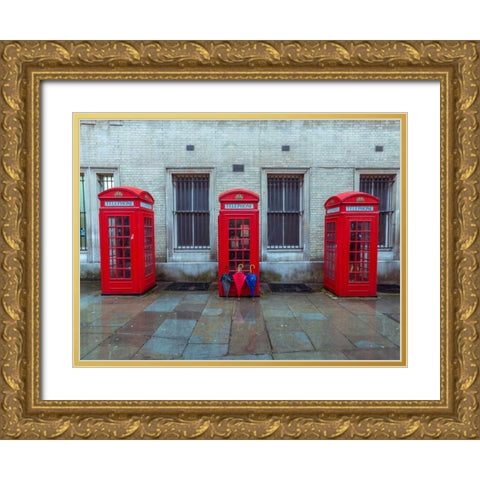 Telephone boxes with umbrellas Gold Ornate Wood Framed Art Print with Double Matting by Frank, Assaf