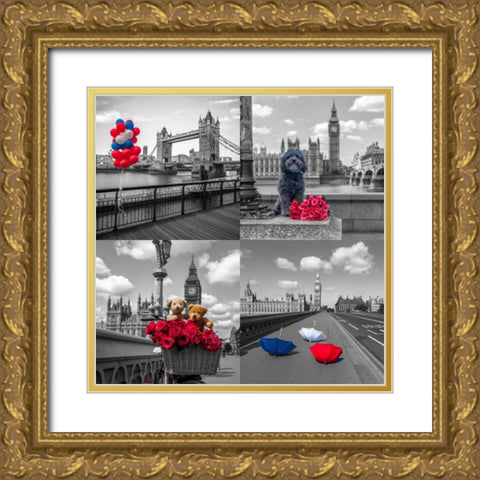 Collage of famous places in London city, UK Gold Ornate Wood Framed Art Print with Double Matting by Frank, Assaf