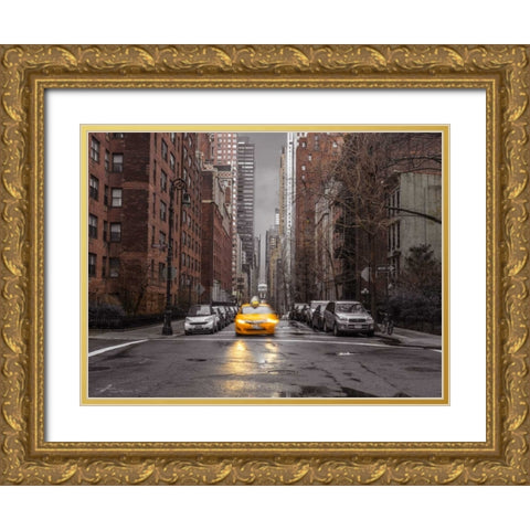 Streets of Manhattan with cars, New York City Gold Ornate Wood Framed Art Print with Double Matting by Frank, Assaf