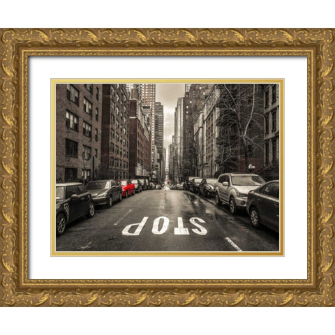 Streets of Manhattan with cars, New York City Gold Ornate Wood Framed Art Print with Double Matting by Frank, Assaf