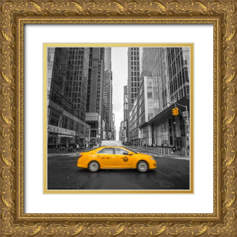 Cab on New York city street Gold Ornate Wood Framed Art Print with Double Matting by Frank, Assaf