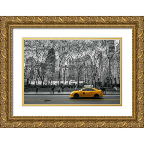 Cab on New York city street Gold Ornate Wood Framed Art Print with Double Matting by Frank, Assaf