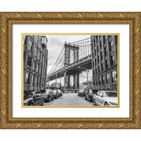 Manhattan bridge from a street-New York Gold Ornate Wood Framed Art Print with Double Matting by Frank, Assaf