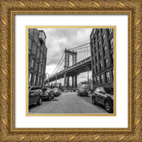Manhattan bridge from a street, New York Gold Ornate Wood Framed Art Print with Double Matting by Frank, Assaf