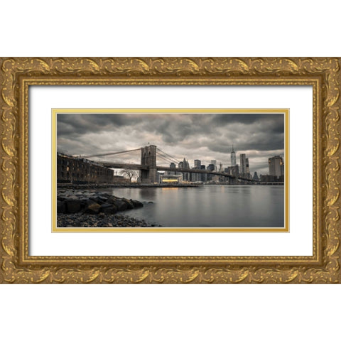 Brooklyn Bridge over East river, New York Gold Ornate Wood Framed Art Print with Double Matting by Frank, Assaf