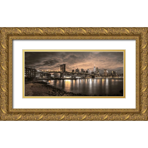 Brooklyn Bridge and Manhattan skyline, New York Gold Ornate Wood Framed Art Print with Double Matting by Frank, Assaf