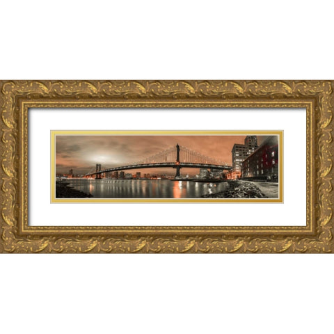 Manhattan bridge and New York city skyline Gold Ornate Wood Framed Art Print with Double Matting by Frank, Assaf