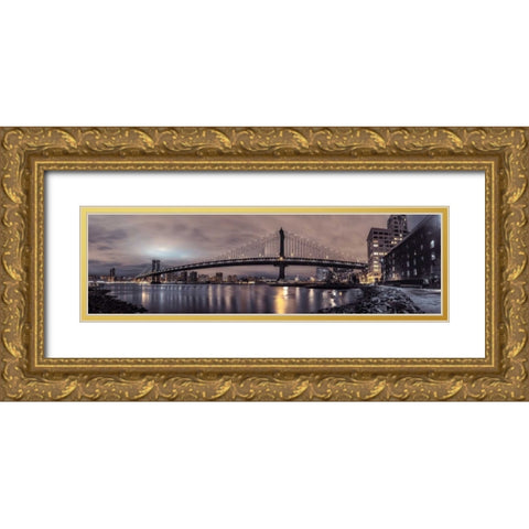 Manhattan bridge and New York city skyline Gold Ornate Wood Framed Art Print with Double Matting by Frank, Assaf