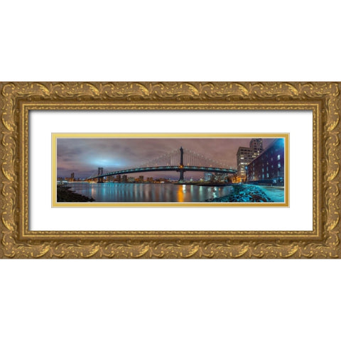 Manhattan bridge and New York city skyline Gold Ornate Wood Framed Art Print with Double Matting by Frank, Assaf