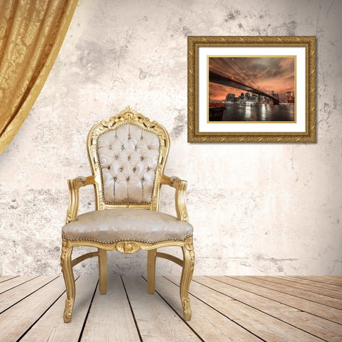 Brooklyn bridge over East river, New York Gold Ornate Wood Framed Art Print with Double Matting by Frank, Assaf
