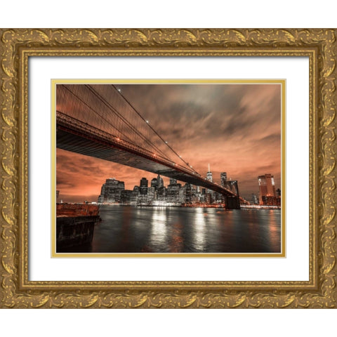 Brooklyn bridge over East river, New York Gold Ornate Wood Framed Art Print with Double Matting by Frank, Assaf