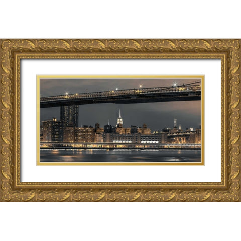 Evening view of Lower Manhattan skyline, New York Gold Ornate Wood Framed Art Print with Double Matting by Frank, Assaf
