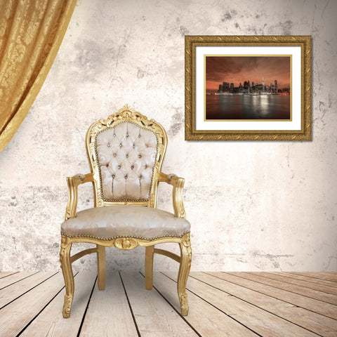 Lower Manhattan skyline in evening, New York Gold Ornate Wood Framed Art Print with Double Matting by Frank, Assaf
