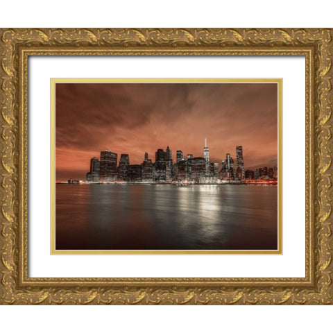 Lower Manhattan skyline in evening, New York Gold Ornate Wood Framed Art Print with Double Matting by Frank, Assaf