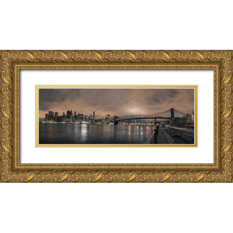 Lower Manhattan skyline in evening, New York Gold Ornate Wood Framed Art Print with Double Matting by Frank, Assaf