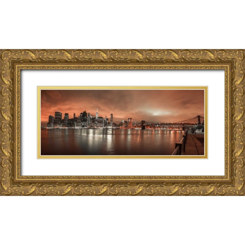 Lower Manhattan skyline in evening, New York Gold Ornate Wood Framed Art Print with Double Matting by Frank, Assaf