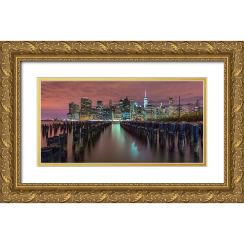 Manhattan skyline with rows of groynes in foreground, New York Gold Ornate Wood Framed Art Print with Double Matting by Frank, Assaf