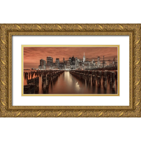 Manhattan skyline with groynes Gold Ornate Wood Framed Art Print with Double Matting by Frank, Assaf