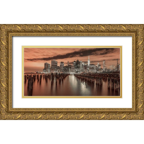 Manhattan skyline with rows of groynes in foreground, New York Gold Ornate Wood Framed Art Print with Double Matting by Frank, Assaf