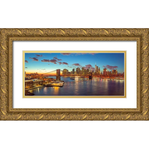 Evening view of Lower Manhattan skyline with Brooklyn bridge over East river, New York Gold Ornate Wood Framed Art Print with Double Matting by Frank, Assaf