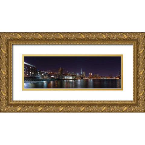 Brooklyn bridge and Lower Manhattan skyline, New York Gold Ornate Wood Framed Art Print with Double Matting by Frank, Assaf