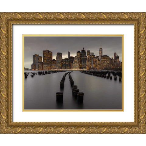 Manhattan skyline with rows of groynes in East river, New York Gold Ornate Wood Framed Art Print with Double Matting by Frank, Assaf