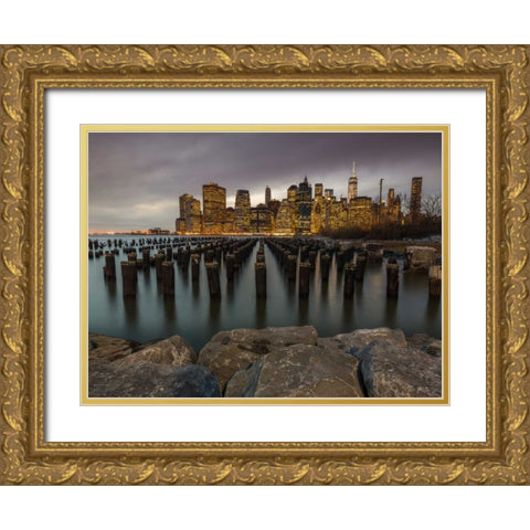 Manhattan skyline with rows of groynes in East river, New York Gold Ornate Wood Framed Art Print with Double Matting by Frank, Assaf
