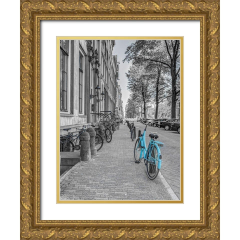 Bicycle parked on the sidewalk-Amsterdam Gold Ornate Wood Framed Art Print with Double Matting by Frank, Assaf