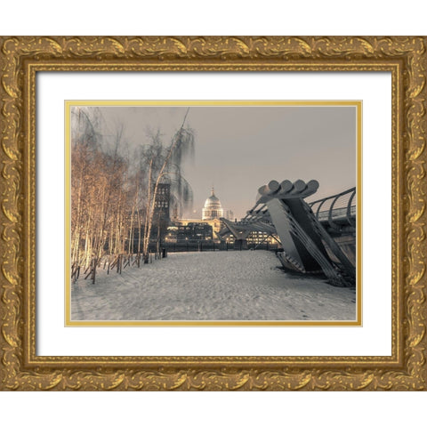 St Pauls Cathedral and Millennium Bridge in snow-London-UK Gold Ornate Wood Framed Art Print with Double Matting by Frank, Assaf