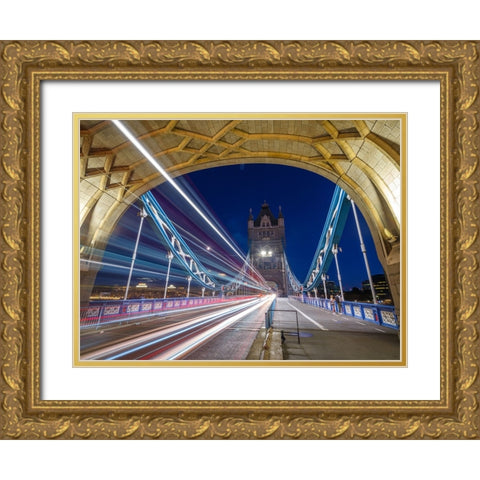 Tower Bridge strip lights Gold Ornate Wood Framed Art Print with Double Matting by Frank, Assaf