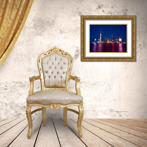 AF20050506 Shanghai Skyline Night 001C05 Gold Ornate Wood Framed Art Print with Double Matting by Frank, Assaf
