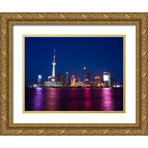 AF20050506 Shanghai Skyline Night 001C05 Gold Ornate Wood Framed Art Print with Double Matting by Frank, Assaf