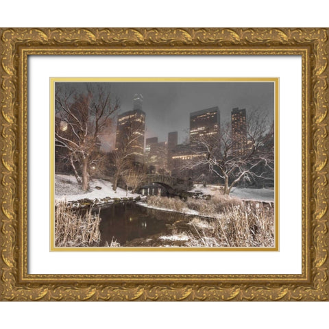 Gapstow Bridge, Central park with Manhattan skyline, New York Gold Ornate Wood Framed Art Print with Double Matting by Frank, Assaf