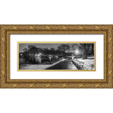 Path in cental park at night, winter, snow, New York. Gold Ornate Wood Framed Art Print with Double Matting by Frank, Assaf