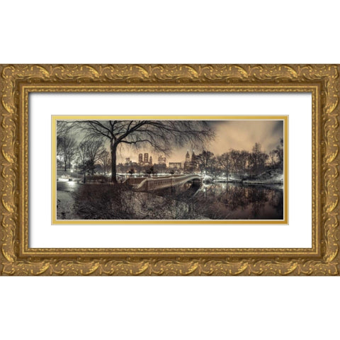 Central park Bow Bridge with Manhattan skyline, New York Gold Ornate Wood Framed Art Print with Double Matting by Frank, Assaf