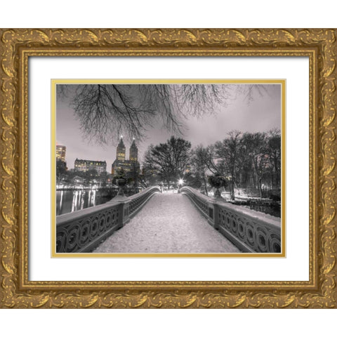 Central park Bow Bridge with Manhattan skyline, New York Gold Ornate Wood Framed Art Print with Double Matting by Frank, Assaf