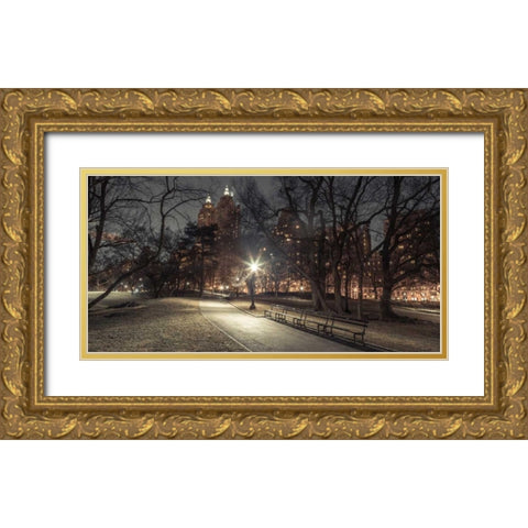 Path in cental park at night, winter, snow, New York. Gold Ornate Wood Framed Art Print with Double Matting by Frank, Assaf