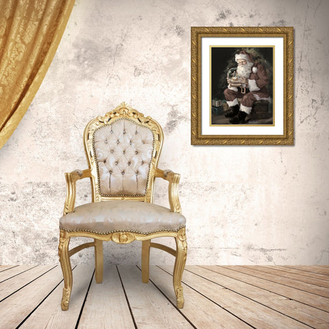 Santa Snow Globe Recolored Gold Ornate Wood Framed Art Print with Double Matting by Comish, Susan
