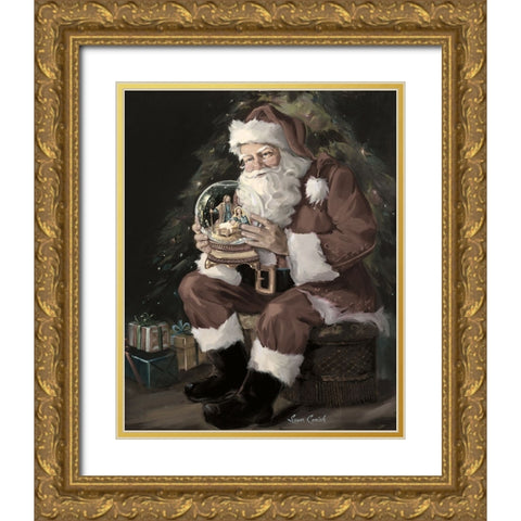 Santa Snow Globe Recolored Gold Ornate Wood Framed Art Print with Double Matting by Comish, Susan