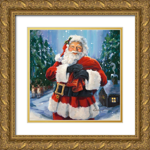 Santas Snowy Night Gold Ornate Wood Framed Art Print with Double Matting by Comish, Susan