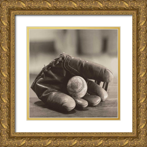 Ball In Mitt Gold Ornate Wood Framed Art Print with Double Matting by Messer, Judy B.