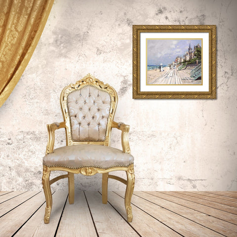 Beach at Trouville Gold Ornate Wood Framed Art Print with Double Matting by Monet, Claude