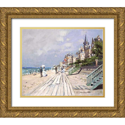 Beach at Trouville Gold Ornate Wood Framed Art Print with Double Matting by Monet, Claude