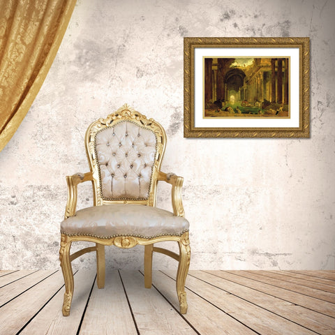 Vue Imaginaire de la Grande Galerie en Ruins Gold Ornate Wood Framed Art Print with Double Matting by Robert, Hubert