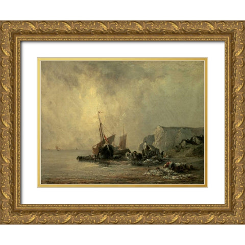 Boats by the Normandy Shore Gold Ornate Wood Framed Art Print with Double Matting by Bonington, Richard Parkes