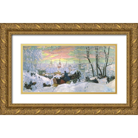 Arriving for Shrove-Tide, 1916 Gold Ornate Wood Framed Art Print with Double Matting by Kustodiev, Boris