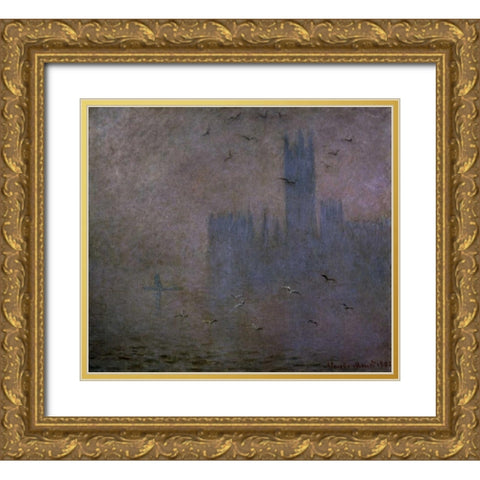Houses of Parliament, Seagulls, 1904 Gold Ornate Wood Framed Art Print with Double Matting by Monet, Claude