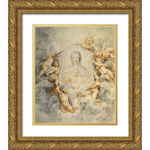 Image of the Virgin Portrayed with Angels Gold Ornate Wood Framed Art Print with Double Matting by Rubens, Peter Paul