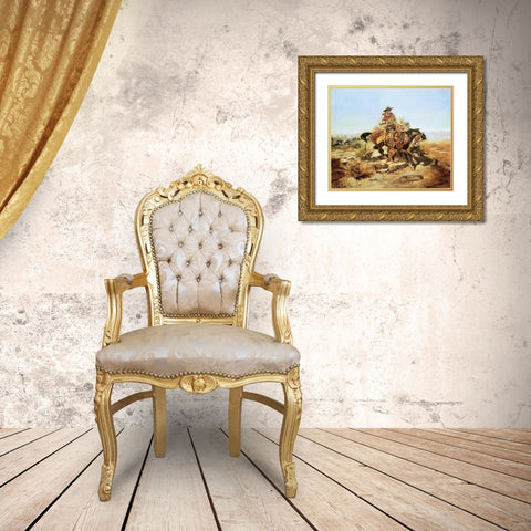 Riding Line Gold Ornate Wood Framed Art Print with Double Matting by Russell, Charles M.