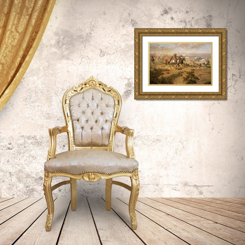 The Attack On The Wagon Train Gold Ornate Wood Framed Art Print with Double Matting by Russell, Charles M.